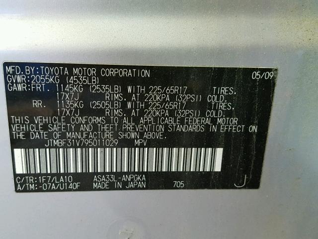 JTMBF31V795011029 - 2009 TOYOTA RAV4 LIMIT SILVER photo 10