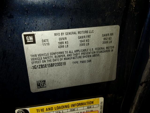 1G1ZB5E15BF235518 - 2011 CHEVROLET MALIBU LS 蓝色 照片 10