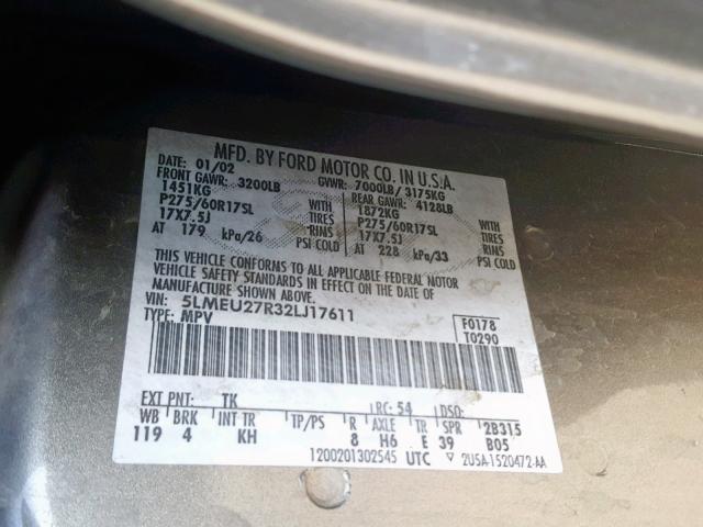 5LMEU27R32LJ17611 - 2002 LINCOLN NAVIGATOR 金色 照片 10