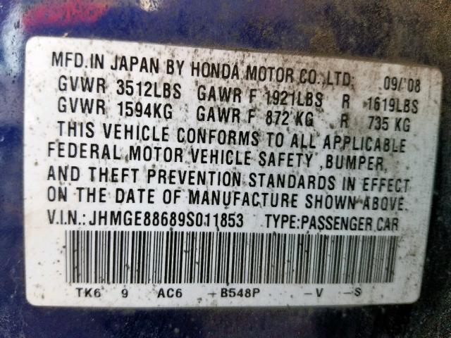 JHMGE88689S011853 - 2009 HONDA FIT SPORT BLUE photo 10