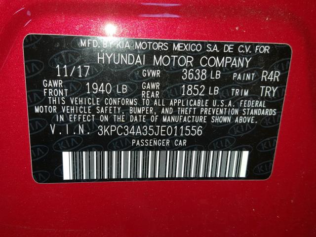 3KPC34A35JE011556 - 2018 HYUNDAI ACCENT LIM RED photo 10