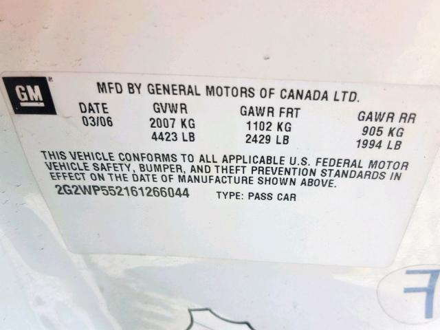 2G2WP552161266044 - 2006 PONTIAC GRAND PRIX Ақ фото 10