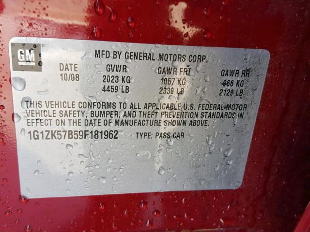 1G1ZK57B59F181962 - 2009 CHEVROLET MALIBU LTZ წითელი ფოტო 10