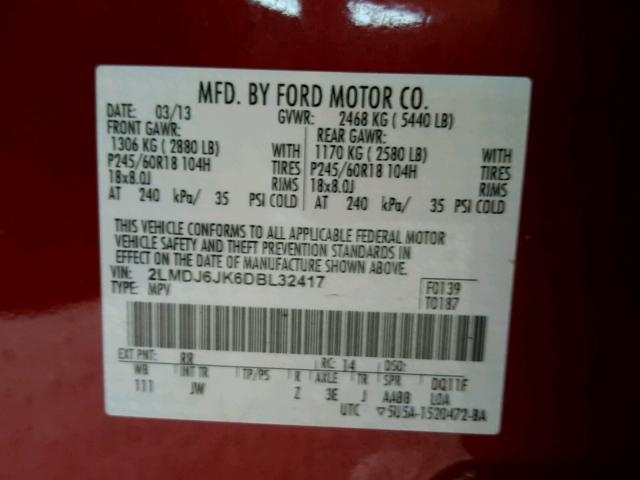 2LMDJ6JK6DBL32417 - 2013 LINCOLN MKX RED photo 10