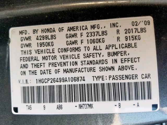 1HGCP26499A106874 - 2009 HONDA ACCORD LXP GRAY photo 10