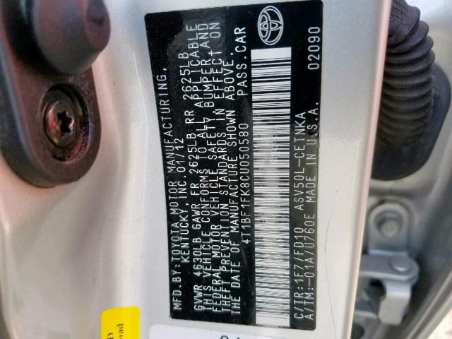 4T1BF1FK8CU050580 - 2012 TOYOTA CAMRY BASE SILVER photo 10