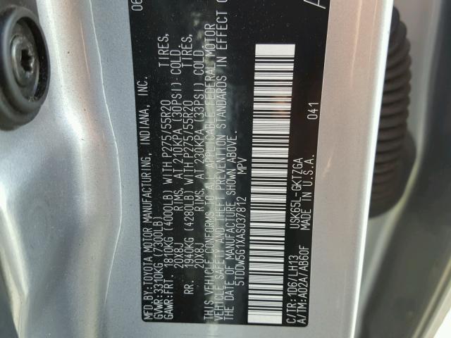 5TDDW5G1XAS037812 - 2010 TOYOTA SEQUOIA PL SILVER photo 10