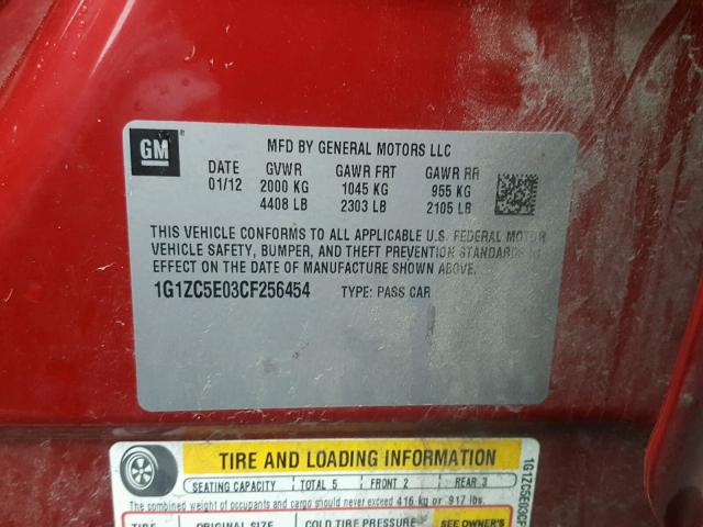 1G1ZC5E03CF256454 - 2012 CHEVROLET MALIBU 1LT RED photo 10