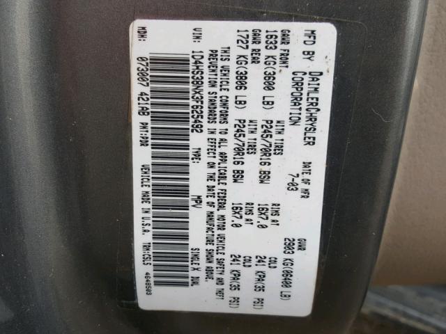 1D4HS38NX3F625492 - 2003 DODGE DURANGO SP GRAY photo 10