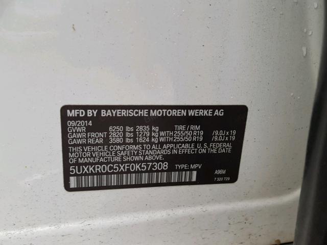 5UXKR0C5XF0K57308 - 2015 BMW X5 XDRIVE3 WHITE photo 10
