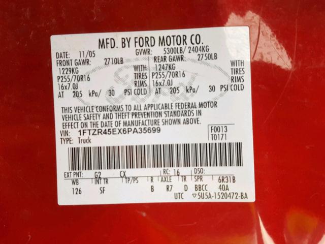 1FTZR45EX6PA35699 - 2006 FORD RANGER SUP RED photo 10