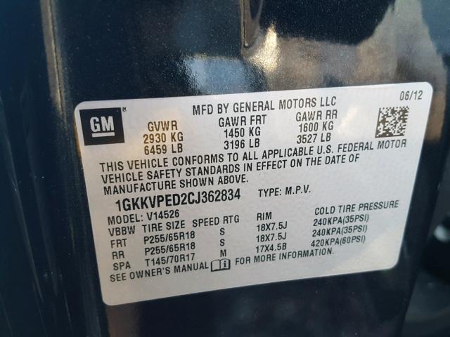 1GKKVPED2CJ362834 - 2012 GMC ACADIA SLE BLACK photo 10