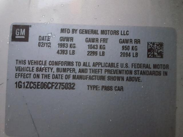 1G1ZC5E06CF275032 - 2012 CHEVROLET MALIBU 1LT 金色 照片 10