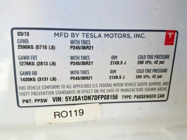 5YJSA1DN7DFP08156 - 2013 TESLA MODEL S WHITE photo 10