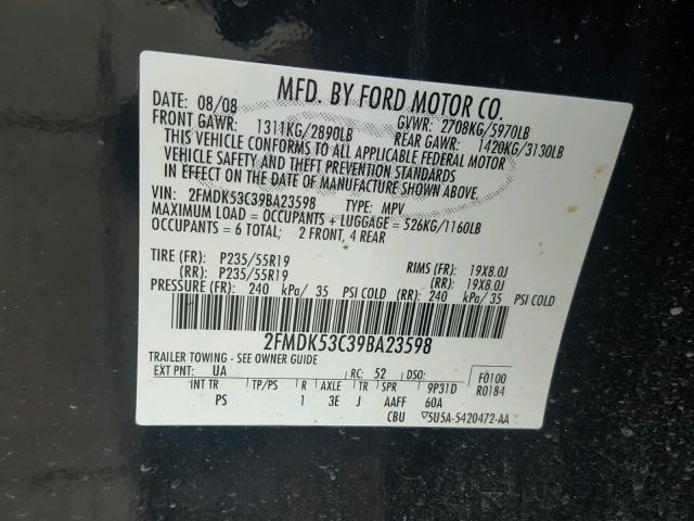 2FMDK53C39BA23598 - 2009 FORD FLEX LIMIT BLACK photo 10