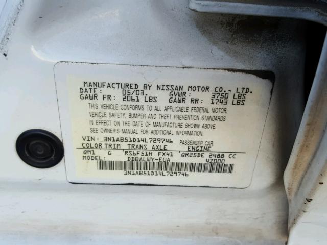 3N1AB51D14L729746 - 2004 NISSAN SENTRA SE- WHITE photo 10