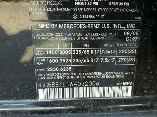 4JGBB86E16A032006 - 2006 MERCEDES-BENZ ML 350 TWO TONE photo 10