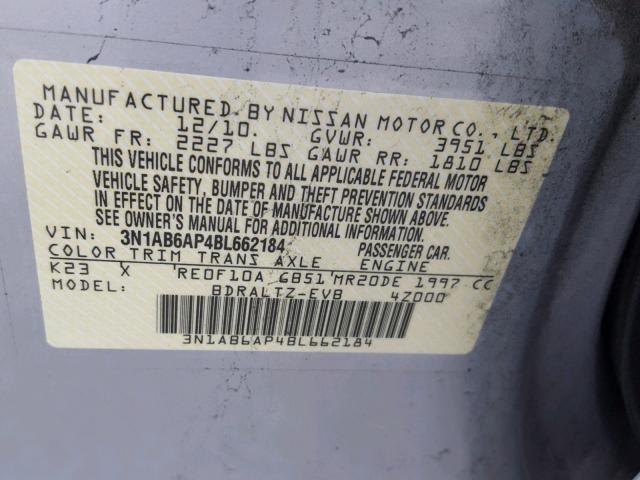 3N1AB6AP4BL662184 - 2011 NISSAN SENTRA 2.0 SILVER photo 10