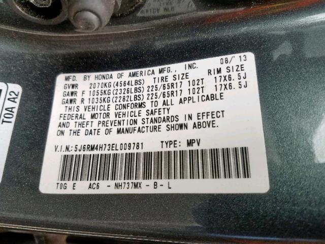 5J6RM4H73EL009781 - 2014 HONDA CR-V EXL GRAY photo 10