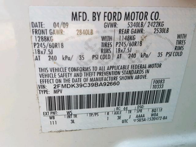 2FMDK39C39BA92660 - 2009 FORD EDGE LIMIT WHITE photo 10