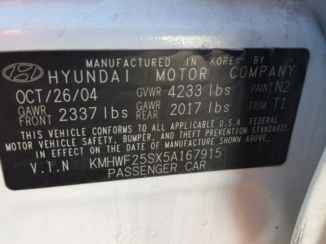 KMHWF25SX5A167915 - 2005 HYUNDAI SONATA GL WHITE photo 10