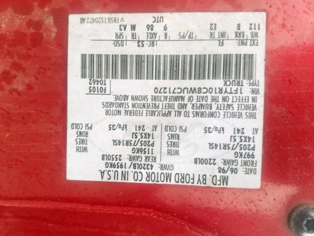 1FTYR10C8WUC71270 - 1998 FORD RANGER RED photo 10