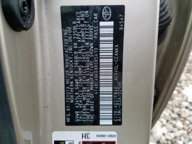 4T4BE46K69R085413 - 2009 TOYOTA CAMRY BASE TAN photo 10