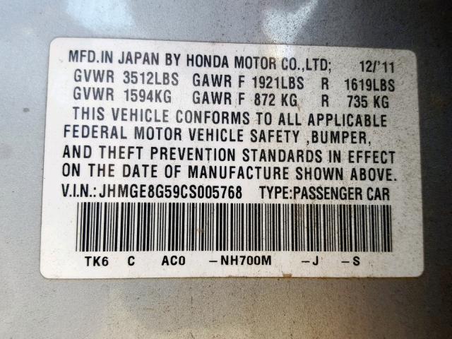 JHMGE8G59CS005768 - 2012 HONDA FIT SPORT SILVER photo 10