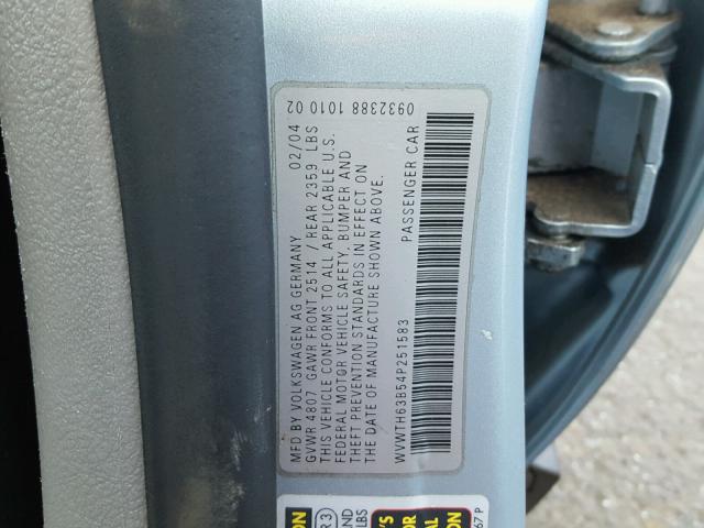 WVWTH63B54P251583 - 2004 VOLKSWAGEN PASSAT GLX 银色 照片 10
