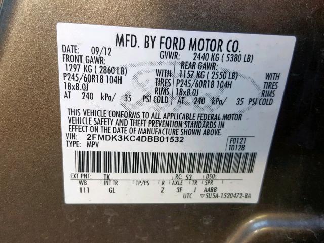 2FMDK3KC4DBB01532 - 2013 FORD EDGE LIMIT GRAY photo 10