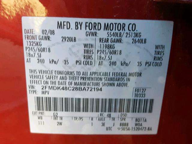 2FMDK48C28BA72194 - 2008 FORD EDGE SEL RED photo 10