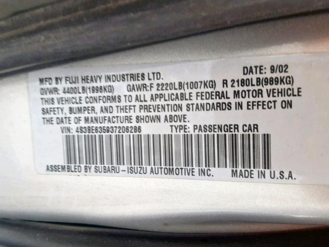 4S3BE635937206286 - 2003 SUBARU LEGACY L SILVER photo 10