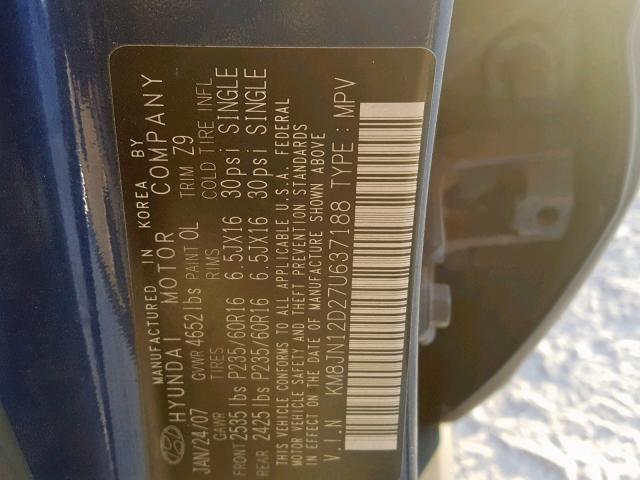 KM8JN12D27U637188 - 2007 HYUNDAI TUCSON SE BLUE photo 10