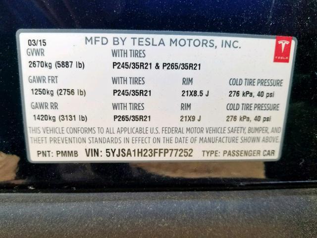 5YJSA1H23FFP77252 - 2015 TESLA MODEL S 85 BLUE photo 10