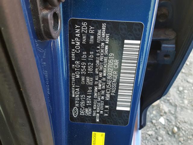 KMHCU5AE8GU270519 - 2016 HYUNDAI ACCENT SPO BLUE photo 10