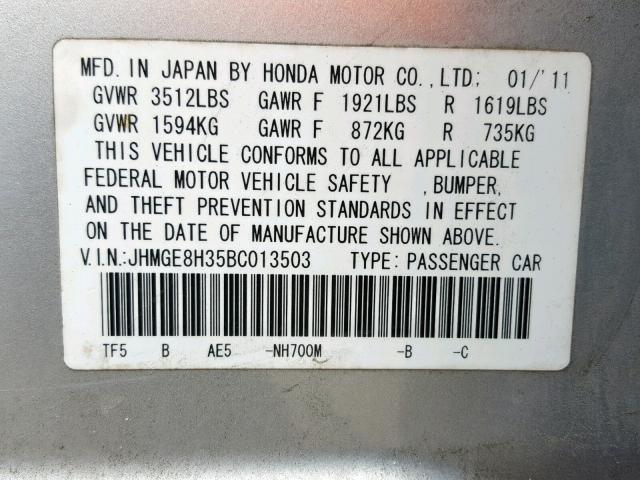 JHMGE8H35BC013503 - 2011 HONDA FIT GRAY photo 10