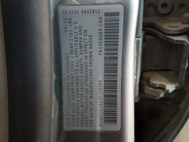 WVWPD63B63P109965 - 2003 VOLKSWAGEN PASSAT GLS GRAY photo 10