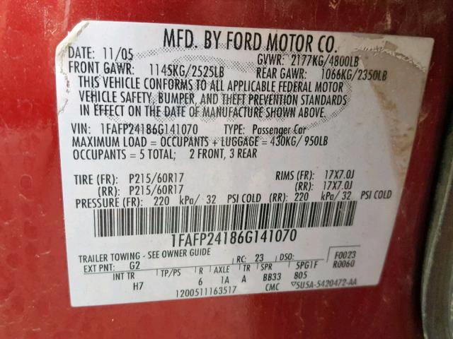 1FAFP24186G141070 - 2006 FORD FIVE HUNDR RED photo 10