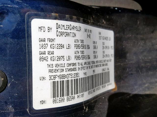 3C8FY68BX3T512351 - 2003 CHRYSLER PT CRUISER BLUE photo 10