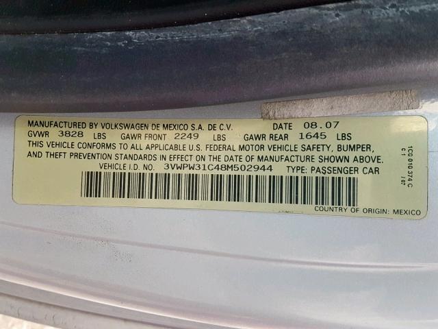 3VWPW31C48M502944 - 2008 VOLKSWAGEN NEW BEETLE 银色 照片 10