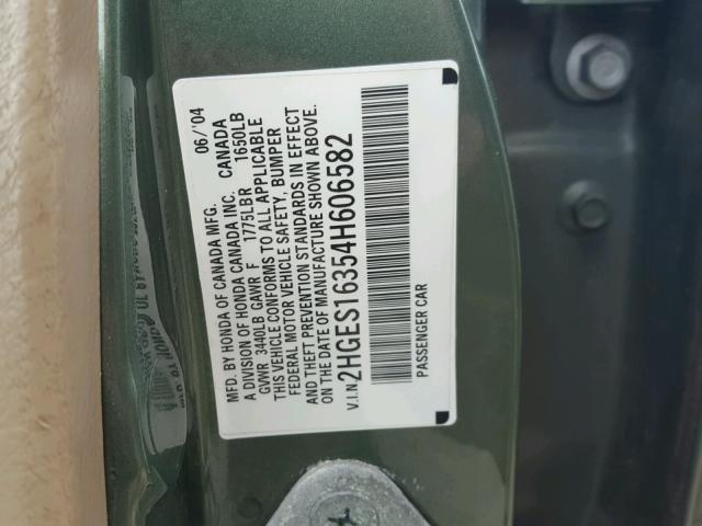 2HGES16354H606582 - 2004 HONDA CIVIC DX V GREEN photo 10