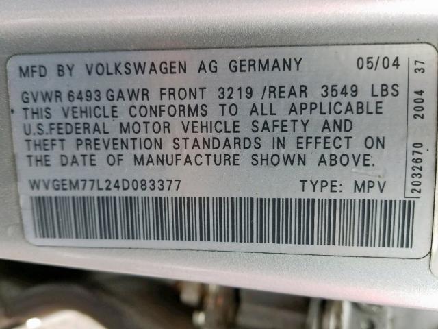 WVGEM77L24D083377 - 2004 VOLKSWAGEN TOUAREG 4. SILVER photo 10