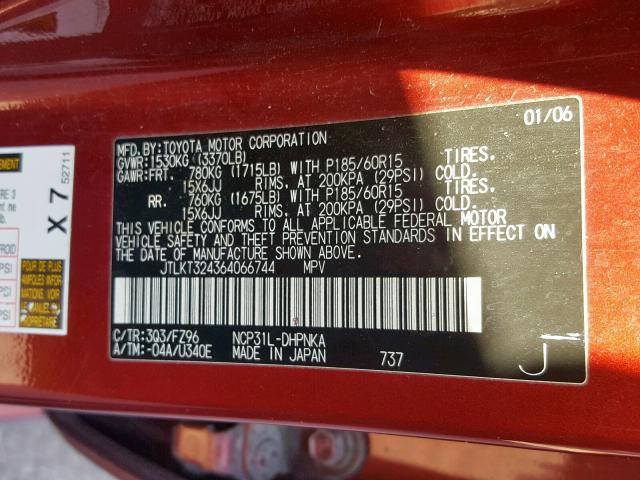 JTLKT324364066744 - 2006 TOYOTA SCION XB Rot Foto 10