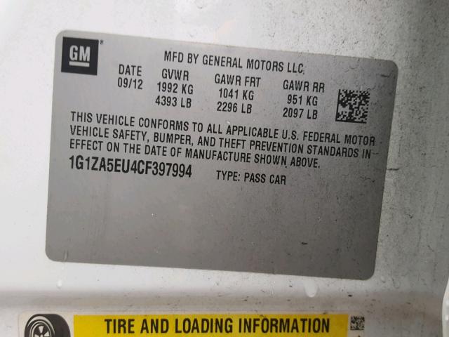 1G1ZA5EU4CF397994 - 2012 CHEVROLET MALIBU LS 白色 照片 10