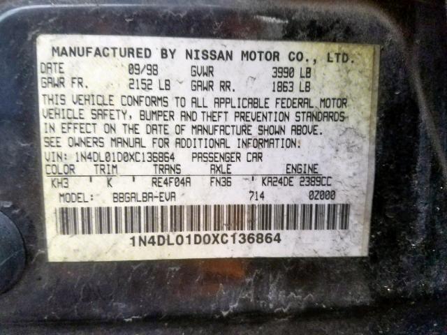 1N4DL01D0XC136864 - 1999 NISSAN ALTIMA XE BLACK photo 10