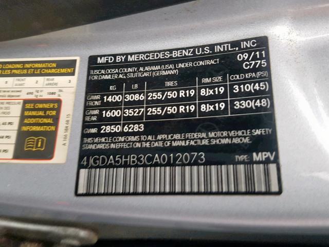 4JGDA5HB3CA012073 - 2012 MERCEDES-BENZ ML 350 4MA GRAY photo 10