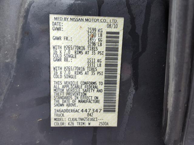 1N6AD0ER6AC447347 - 2010 NISSAN FRONTIER C BLACK photo 10