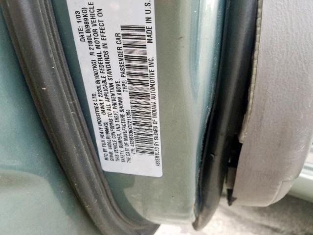 4S3BE635X37211304 - 2003 SUBARU LEGACY L GREEN photo 10