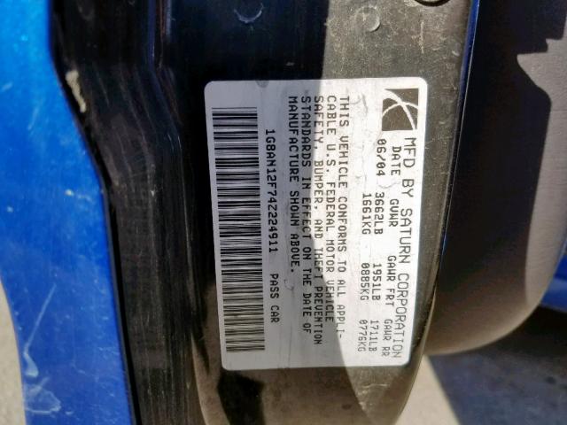 1G8AN12F74Z224911 - 2004 SATURN ION LEVEL BLUE photo 10