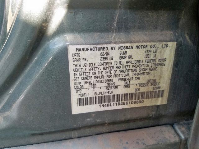 1N4BL11D45C108690 - 2005 NISSAN ALTIMA SE GREEN photo 10